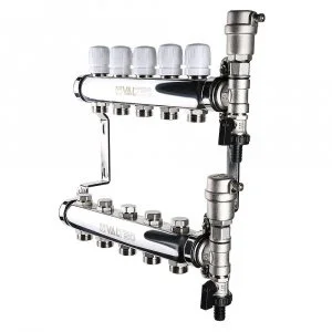 Коллектор НЕРЖ 1" х 9 вых. 3/4" Евроконус с регул. и балансир. клапанами VALTEC / Распределительная гребенка из нержавеющей стали для отопления