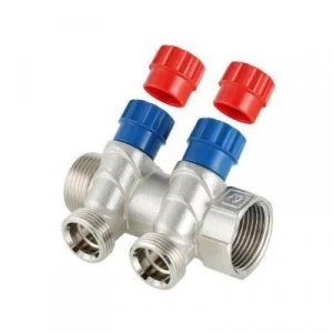 Коллектор 3/4" x 2 выхода 1/2" нар.р. VALTEC с регул.вентилями, латунный / Распределительная гребенка с красными и синими ручками для воды, отопления