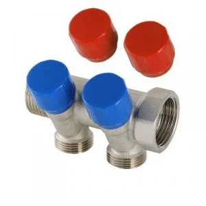 Коллектор с регул. вентилями 1"x 4 выхода 3/4" Евроконус VALTEC латунный, с красными и синими ручками / Распределительная гребенка для воды