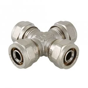 Крестовина обжимная 16 мм для металлопластиковых труб 16(2,0) VALTEC равнопроходная / Латунный фитинг для соединения трубопровода из металлопластика