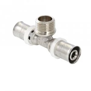 Тройник 16 мм х 1/2" нар.р. х 16 мм для труб из сшитого полиэтилена и металлопластика 16(2,0) VALTEC / Пресс-фитинг под резьбовое соединение