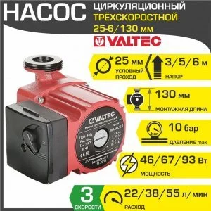 Насос циркуляционный 25-6/130 мм для отопления VALTEC (мокрый ротор 220В, 1-1/2" нар.р. гайки, 3 скорости) / Для отопительной системы частного дома