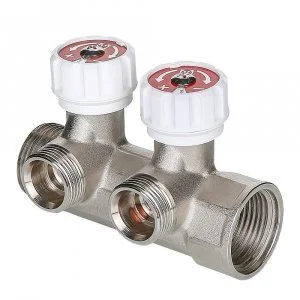 Коллектор латунный 1" x 2 выхода 3/4" (евроконус) с регулирующими вентилями VALTEC / Распределительная гребенка на 2 контура для водоснабжения