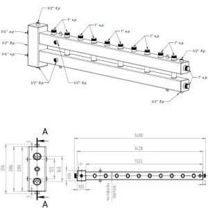 ᐉ Распределительный коллектор с гидрострелкой Север М6 (6 контуров) до 70 кВт, 1 1/4" x 1" для котла отопления и насосных групп, квадратный профиль ✔️ фото | ⏩ Pro-Greem