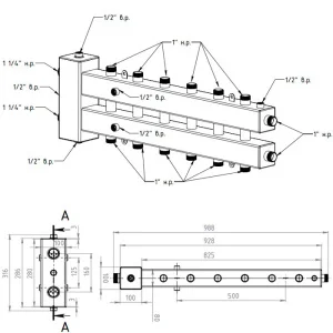 ᐉ Распределительный коллектор с гидрострелкой Север М7 (7 контуров) до 70 кВт, 1 1/4" x 1" для котла отопления и насосных групп, квадратный профиль ✔️ фото | ⏩ Pro-Greem