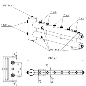 ᐉ Распределительный коллектор с гидрострелкой Север R-М4 (4 контура) до 70 кВт, 1 1/4" x 1" для котла отопления и насосных групп, круглый профиль ✔️ фото | ⏩ Pro-Greem