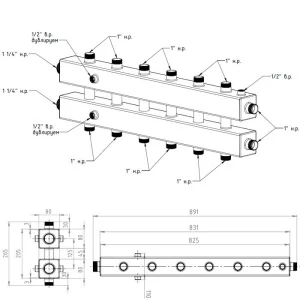 ᐉ Универсальный распределительный коллектор Север КМ7 (7 контуров) до 70 кВт, 1 1/4" x 1" для котла отопления и насосных групп, квадратный профиль ✔️ фото | ⏩ Pro-Greem