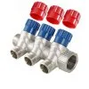 Коллектор с регул. вентилями 3/4"x 4 выхода 1/2" нар.р. VALTEC латунный с красными и синими ручками / Распределительная гребенка для воды, отопления