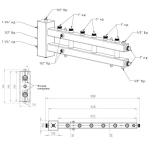 ᐉ Распределительный коллектор с гидрострелкой Север М4 (4 контура) до 70 кВт, 1 1/4" x 1" для котла отопления и насосных групп, квадратный профиль ✔️ фото | ⏩ Pro-Greem