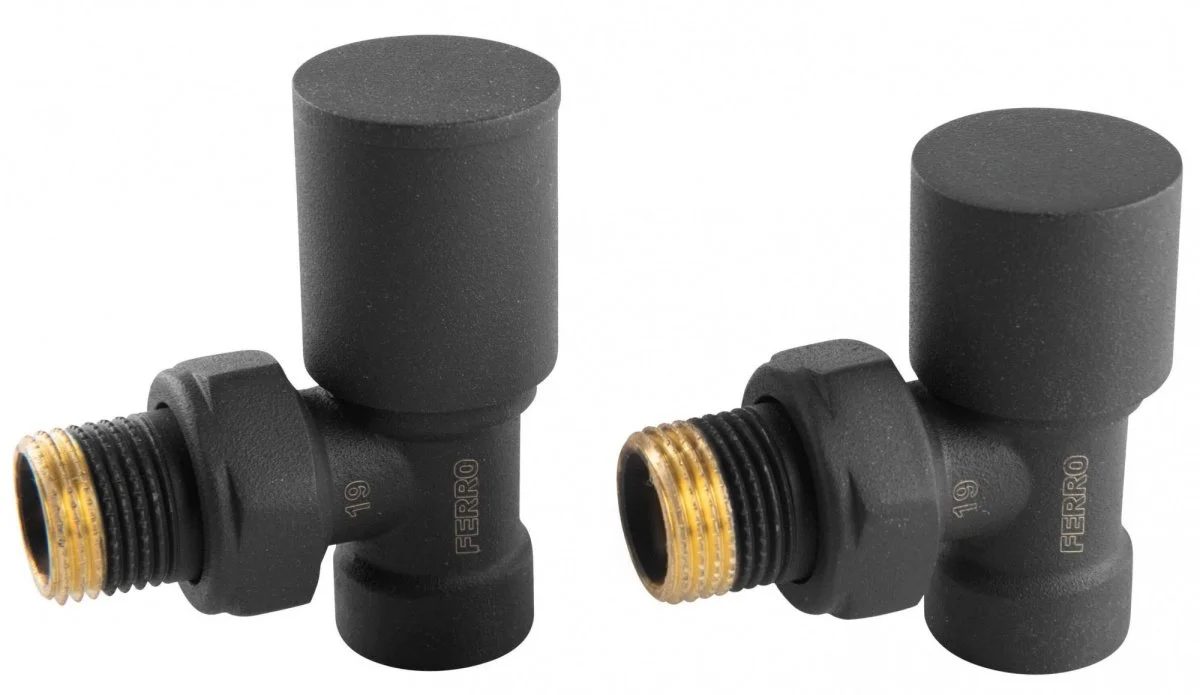 ᐉ Комплект радиаторный Ferro угловой Антрацит (черный матовый) 1/2"н.р.-в.р. с регулировочным и отсекающим клапанами для бокового подключения радиатора DRB11AT ✅ фото | Ferro ⭐ Pro-Greem