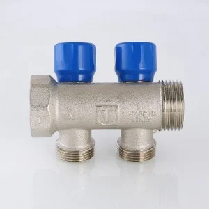 ᐉ Коллектор с регул. вентилями 1"x 4 выхода 3/4" Евроконус VALTEC латунный, с красными и синими ручками / Распределительная гребенка для воды ✔️ фото | ⏩ Pro-Greem