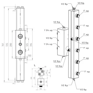 ᐉ Распределительный коллектор с гидрострелкой Север V3 (3 контура) до 70 кВт, 1 1/4" x 1" для котла отопления, насосных групп, квадратный профиль ✔️ фото | ⏩ Pro-Greem