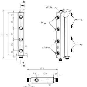 ᐉ Распределительный коллектор кольцевой Север KLK4 (4 контура) до 50 кВт, 1" для обвязки котла отопления и насосных групп, квадратный профиль ✔️ фото | ⏩ Pro-Greem