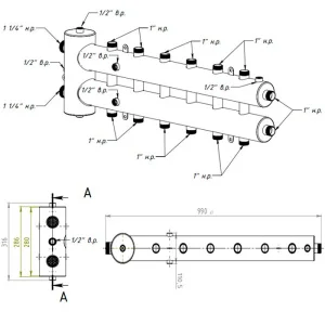 ᐉ Распределительный коллектор с гидрострелкой Север R-М7 (7 контуров) до 70 кВт, 1 1/4" x 1" для котла отопления и насосных групп, круглый профиль ✔️ фото | ⏩ Pro-Greem