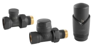 ᐉ Дизайн-комплект термостатический радиаторный Ferro с термоголовкой прямой Антрацит (черный матовый) 1/2"н.р.-в.р. для бокового подключения батареи ✔️ фото | ⏩ Pro-Greem