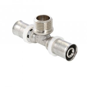 Тройник 32 мм х 1" нар.р. х 32 мм для труб из сшитого полиэтилена и металлопластика 32(3,0) VALTEC / Пресс-фитинг с переходом на резьбовое соединение