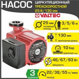 Насос циркуляционный 25-6/130 мм для отопления VALTEC (мокрый ротор 220В, 1-1/2" нар.р. гайки, 3 скорости) / Для отопительной системы частного дома