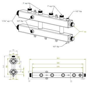 ᐉ Универсальный распределительный коллектор Север КМ2+1 (3 контура) до 70 кВт 1 1/4" x 1" для  котла отопления и насосных групп, квадратный профиль ✔️ фото | ⏩ Pro-Greem