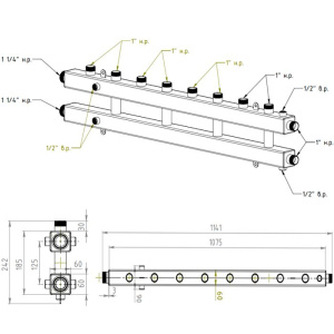 ᐉ Универсальный распределительный коллектор Север КМ4+1 (5 контуров) до 70 кВт, 1 1/4" x 1" для котла отопления и насосных групп, квадратный профиль ✔️ фото | ⏩ Pro-Greem