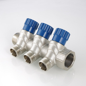 ᐉ Коллектор с регул. вентилями 1"x 4 выхода 1/2" нар.р. VALTEC латунный с красными и синими ручками / Распределительная гребенка для воды, отопления ✔️ фото | ⏩ Pro-Greem