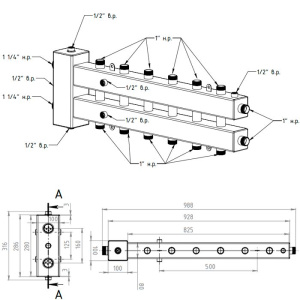 ᐉ Распределительный коллектор с гидрострелкой Север М7 (7 контуров) до 70 кВт, 1 1/4" x 1" для котла отопления и насосных групп, квадратный профиль ✔️ фото | ⏩ Pro-Greem