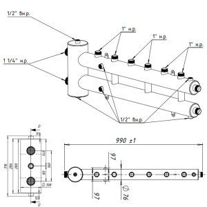 ᐉ Распределительный коллектор с гидрострелкой Север R-М4 (4 контура) до 70 кВт, 1 1/4" x 1" для котла отопления и насосных групп, круглый профиль ✔️ фото | ⏩ Pro-Greem