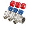 Коллектор с регул. вентилями 3/4"x 3 выхода 1/2" нар.р. VALTEC латунный с красными и синими ручками / Распределительная гребенка для воды, отопления