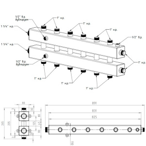 ᐉ Универсальный распределительный коллектор Север КМ7 (7 контуров) до 70 кВт, 1 1/4" x 1" для котла отопления и насосных групп, квадратный профиль ✔️ фото | ⏩ Pro-Greem