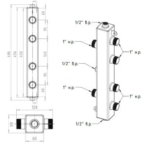 ᐉ Гидрострелка Север 60К2 (70 кВт, 2 контура) 1" нар.р., квадратный профиль / Гидравлический разделитель для подключения котла, коллектора отопления ✔️ фото | ⏩ Pro-Greem