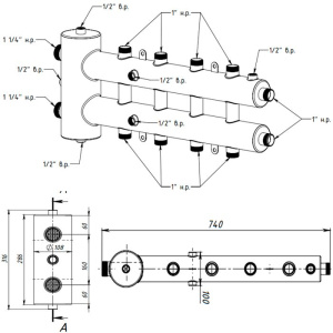 ᐉ Распределительный коллектор с гидрострелкой Север R-М5 (5 контуров) до 70 кВт, 1 1/4" x 1" для котла отопления и насосных групп, круглый профиль ✔️ фото | ⏩ Pro-Greem
