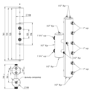 ᐉ Распределительный коллектор с гидрострелкой Север R-V3 (3 контура) до 70 кВт, 1 1/4" x 1" для котла отопления и насосных групп, круглый профиль ✔️ фото | ⏩ Pro-Greem