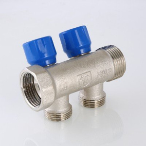 ᐉ Коллектор с регул. вентилями 1"x 2 выхода 3/4" Евроконус VALTEC латунный с красными и синими ручками / Распределительная гребенка для воды, отопления ✔️ фото | ⏩ Pro-Greem