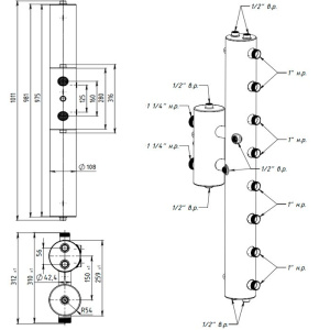 ᐉ Распределительный коллектор с гидрострелкой Север R-V4 (4 контура) до 70 кВт, 1 1/4" x 1" для котла отопления и насосных групп, круглый профиль ✔️ фото | ⏩ Pro-Greem