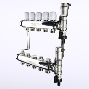 ᐉ Коллектор НЕРЖ 1" х 6 вых. 3/4" Евроконус с регул. и балансир. клапанами VALTEC / Распределительная гребенка из нержавеющей стали для отопления ✔️ фото | ⏩ Pro-Greem