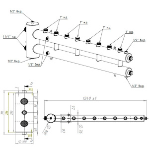 ᐉ Распределительный коллектор с гидрострелкой Север R-М4+1 (5 контуров) до 70 кВт, 1 1/4" x 1" для котла отопления и насосных групп, круглый профиль ✔️ фото | ⏩ Pro-Greem