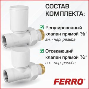 ᐉ Комплект радиаторный Ferro прямой Белый н.р.1/2"-в.р.1/2" с регулировочным и отсекающим клапанами для бокового подключения радиатора отопления ✔️ фото | ⏩ Pro-Greem