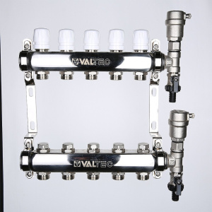 ᐉ Коллектор НЕРЖ 1" х 5 вых. 3/4" Евроконус с регул. и балансир. клапанами VALTEC / Распределительная гребенка из нержавеющей стали для отопления ✔️ фото | ⏩ Pro-Greem