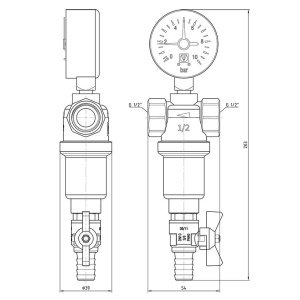 ᐉ Фильтр самоочищающийся промывной 1/2" ВР VALTEC с манометром и сливным краном / Каскадный грязевик ДУ15 для грубой очистки воды с 2-я сетками ✔️ фото | ⏩ Pro-Greem