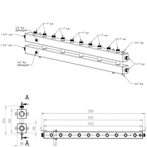 ᐉ Универсальный распределительный коллектор Север КМ6 (6 контуров) до 70 кВт, 1 1/4" x 1" для подключения котла и насосных групп, квадратный профиль ✔️ фото | ⏩ Pro-Greem