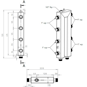 ᐉ Распределительный коллектор кольцевой Север KLK4 (4 контура) до 50 кВт, 1" для обвязки котла отопления и насосных групп, квадратный профиль ✔️ фото | ⏩ Pro-Greem