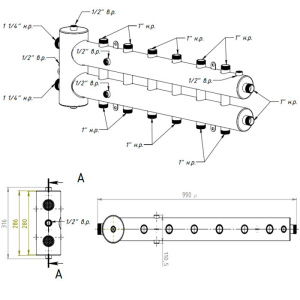 ᐉ Распределительный коллектор с гидрострелкой Север R-М7 (7 контуров) до 70 кВт, 1 1/4" x 1" для котла отопления и насосных групп, круглый профиль ✔️ фото | ⏩ Pro-Greem